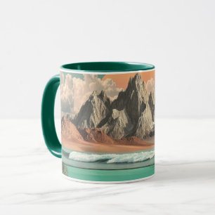 Taza Paisaje surrealista de océano y montañas con olas
