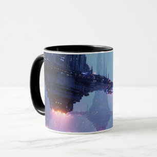 Taza Paisaje urbano futurista con estructuras flotantes