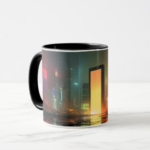 Taza Paisaje urbano futurista con reflejos de neón