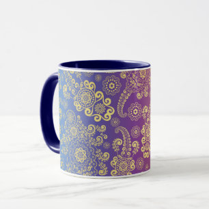 Taza Paisley de Lujo Dorado sobre Azul, Púrpura y Naran