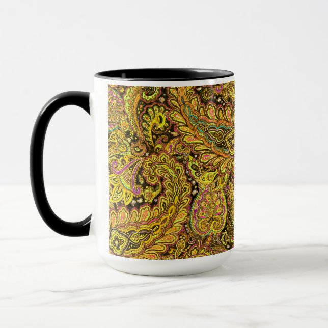 Taza Paisley Motif in Yellow, Brown on Black Background (Izquierda)