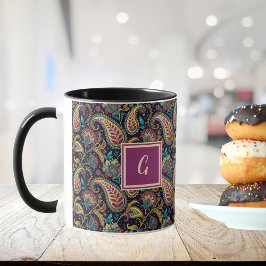 Taza Paisley Vintage Look Black Purple Monogram Initial