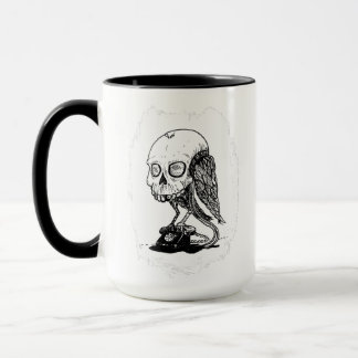 Taza Pajarito cráneo encaramado en un teléfono rotativo