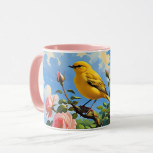 Taza Pájaro amarillo colorido y rosas rosadas bonitas