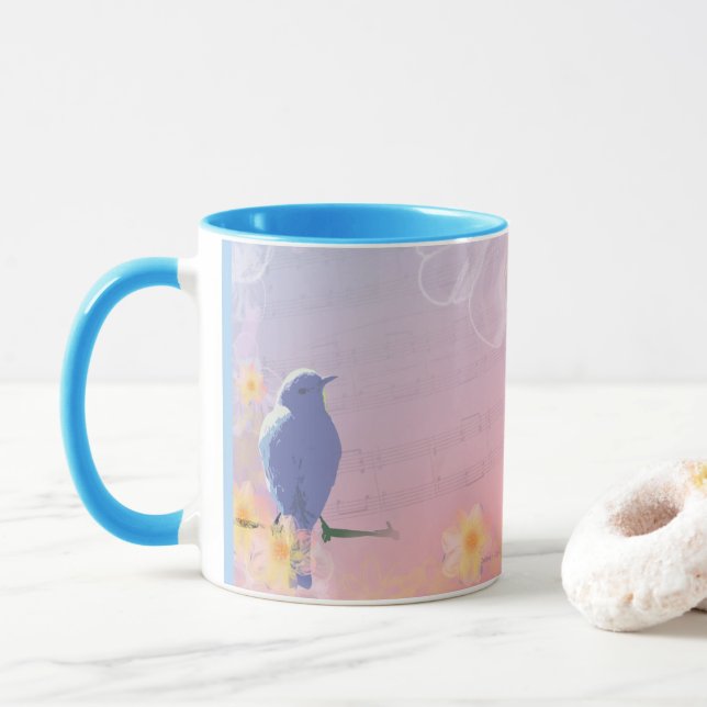 Taza Pájaro azul amelocotonado: Pájaros y flores del (Con donut)