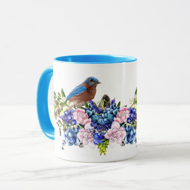 Taza Pájaro azul de la felicidad Floral personalizado  (Anverso izquierdo)