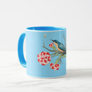Taza Pájaro azul sobre claveles, ilustracion vintage,