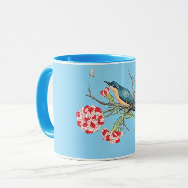 Taza Pájaro azul sobre claveles, ilustracion vintage, (Anverso izquierdo)