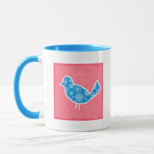 Taza Pájaro decorativo con patrones en fondo rosado (Izquierda)