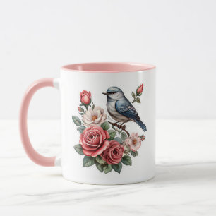 Taza pájaro lindo y flores