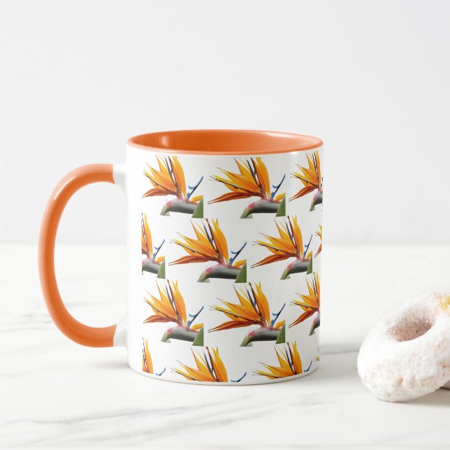 Taza Pájaro naranja del patrón de planta de paraíso en  (Con donut)