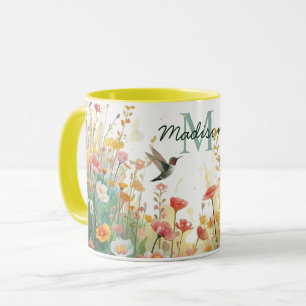 Taza Pájaros acuarela primaveral monograma floral flor 
