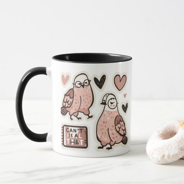 Taza Pájaros amorosos rosados suaves - "No se puede cur (Con donut)