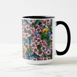 Taza Pájaros azules en el floreciente cerezo en azul