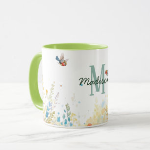 Taza Pájaros Florales de Acuarela de Primavera Monogram