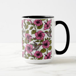 Taza Pájaros húmedos y flores de hibisco rosa
