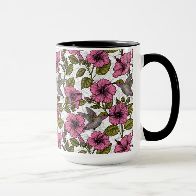 Taza Pájaros húmedos y flores de hibisco rosa (Derecha)