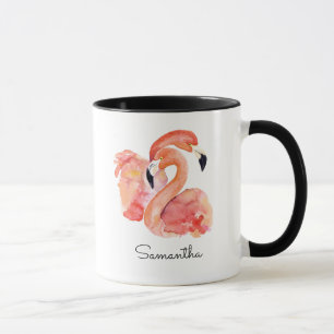 Taza Pájaros tropicales Flamingos rosas con tu nombre