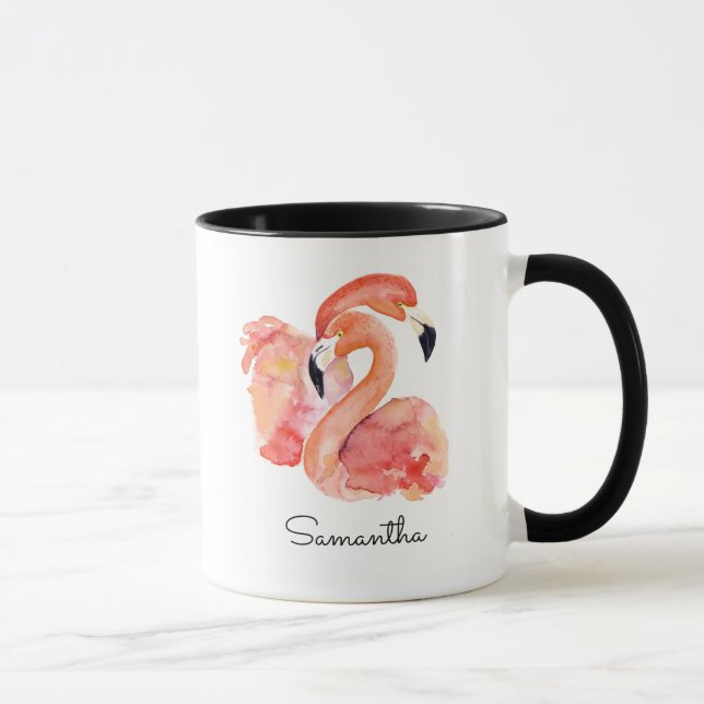 Taza Pájaros tropicales Flamingos rosas con tu nombre (Derecha)