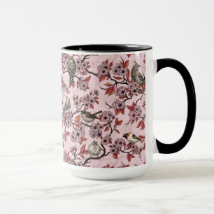 Taza Pájaros y flor de cerezo sobre rosa pink