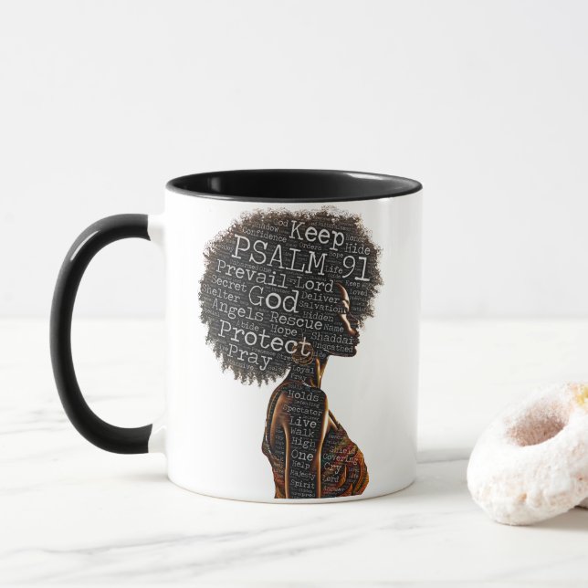 Taza Palabras de pelo natural de mujer negra cristiana  (Con donut)