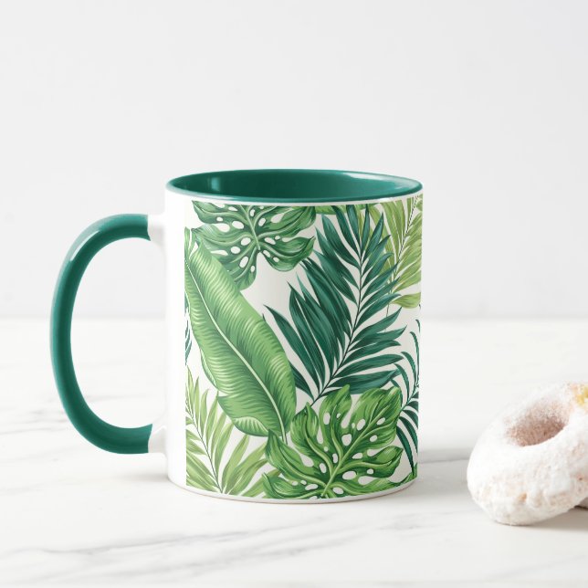 Taza Palm tropical verde Banana Monstera hojas (Con donut)