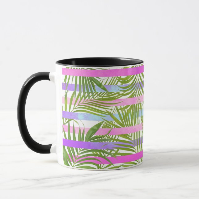Taza Palmeras tropicales rayas violetas rosas modernas (Izquierda)