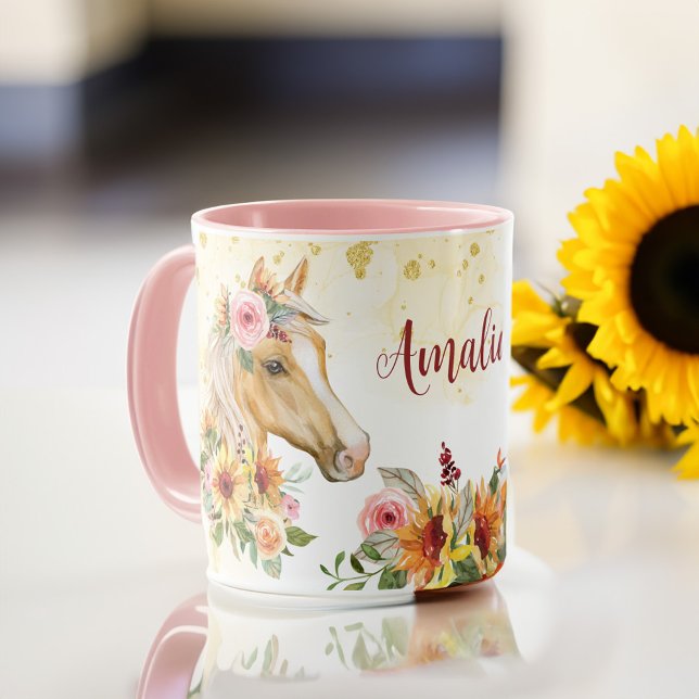 Taza Palomino Horse girasoles nombre personalizado mug (Palomino Horse sunflowers personalized name mug horse girl gifts )