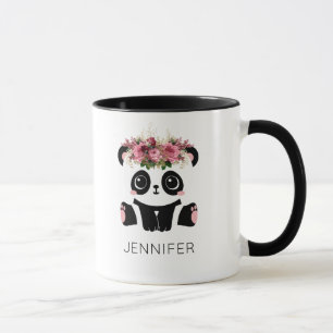 Taza Panda kawaii cara floral personalizada 