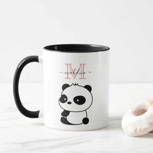 Taza Panda negro blanco lindo Monograma rosa moderno Mu (Con donut)