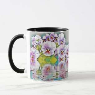 Taza Pansias blancas rosadas púrpuras cerca de acuarela