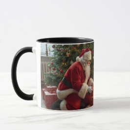 Taza Papá Noel poniendo regalos debajo del árbol