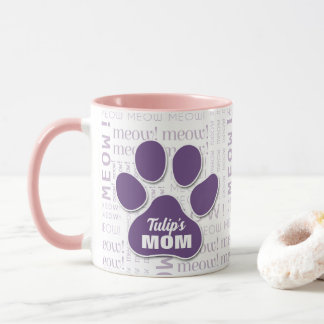 Taza Papel púrpura de mamá de gato con nombre de gato