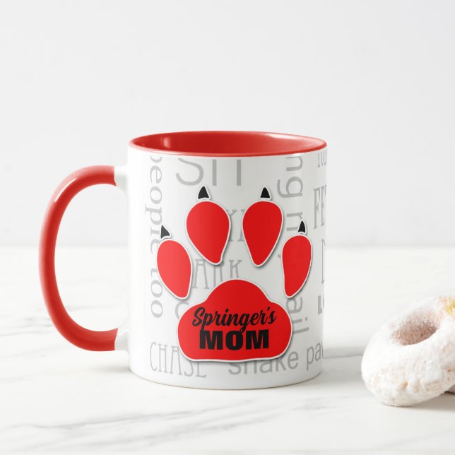 Taza Papel rojo de mamá perro con nombre de perro (Con donut)