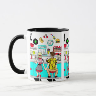 Taza Pareja retro diner sosteniendo la era de los años 