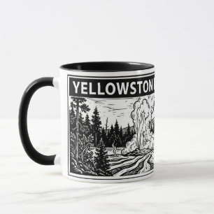Taza Parque Nacional Yellowstone Grabado en Madera Blan
