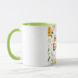 Taza Pascua feliz dorada con conejitos blancos