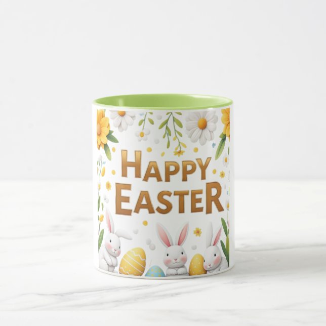 Taza Pascua feliz dorada con conejitos blancos (Centro)