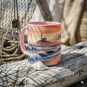 Taza Paseo romántico al faro al atardecer en la costa