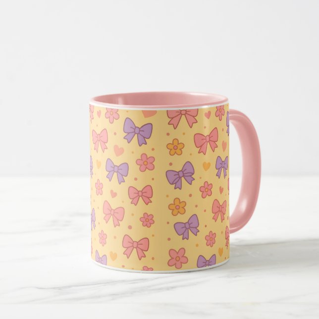 Taza Pastel Bows & Flowers Pattern – Cute Yellow Girly (Anverso derecho)