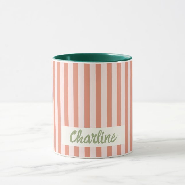 Taza Pastel de rayas rojas Retro Nombre personalizado M (Centro)