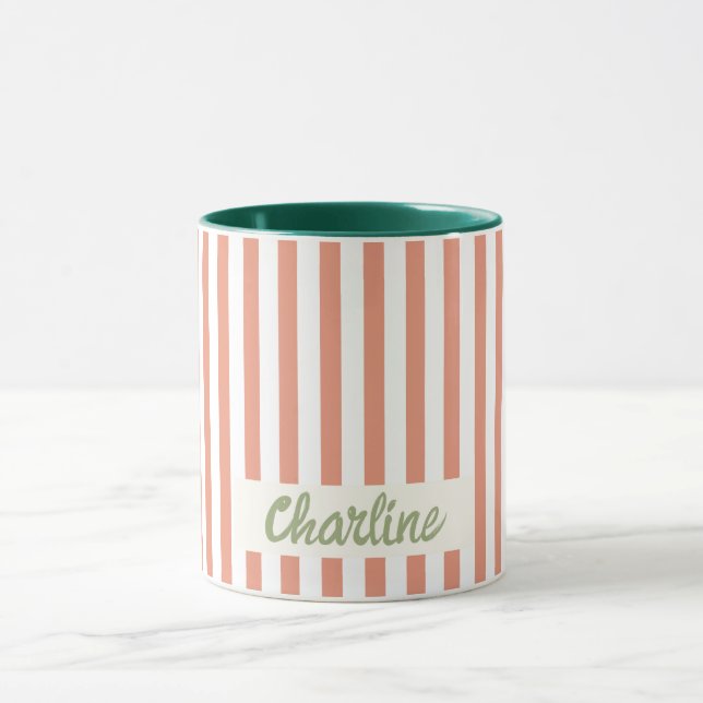 Taza Pastel de rayas rojas Retro Nombre personalizado M (Centro)