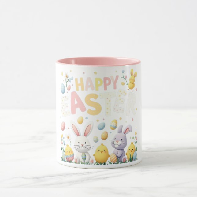 Taza Pastel Floral Feliz Conejo de Pascua y Chicas (Centro)