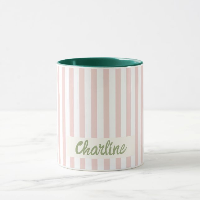 Taza Pastel rayado rosa Retro Nombre personalizado Mug (Centro)