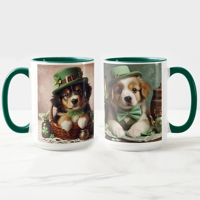 Taza Pasteles irlandeses marrones y blancos en el Día d (St Patrick's Day Cute Irish Brown & White Puppies Mug)