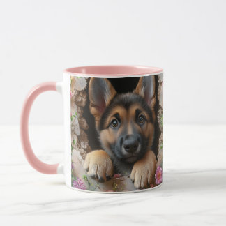 Taza Pastor alemán de cachorro con diseño floral -