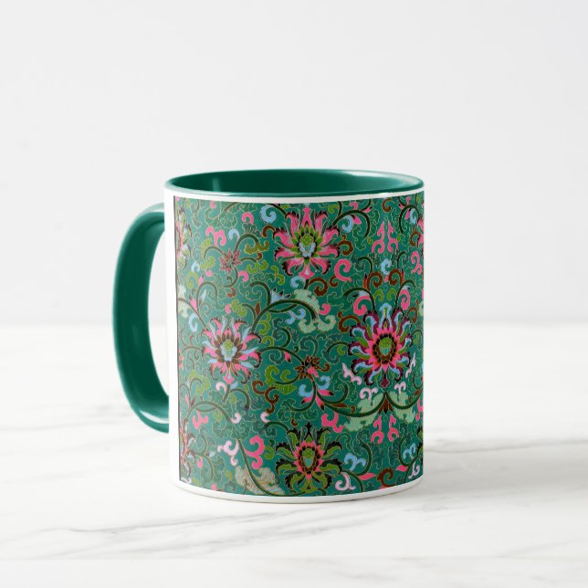 Taza Patrón antiguo oriental floral verde marrón rosa (Anverso izquierdo)