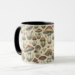 Taza Patrón botánico de hongos en marrón y beige