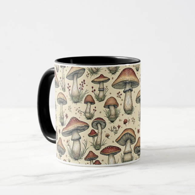 Taza Patrón botánico de hongos en marrón y beige (Anverso izquierdo)