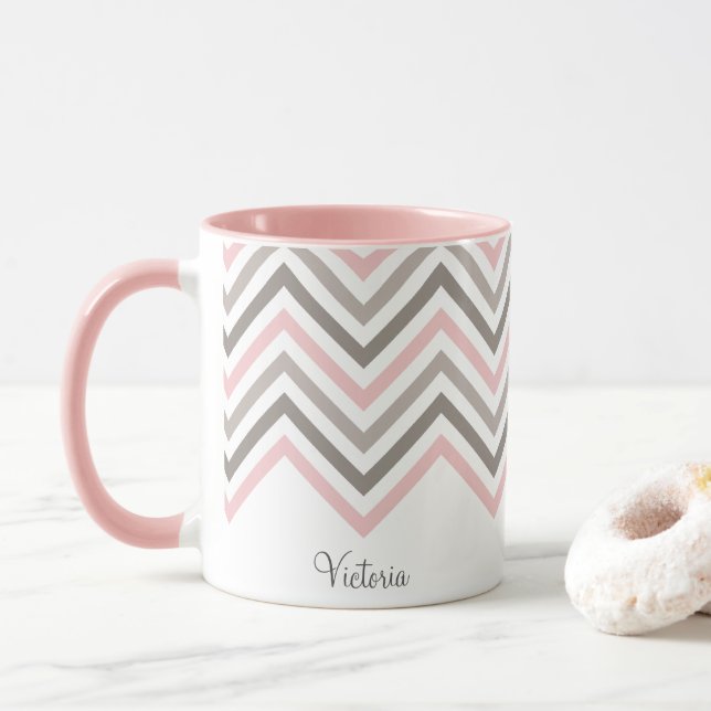 Taza Patrón Chevron blanco gris rosa personalizado (Con donut)